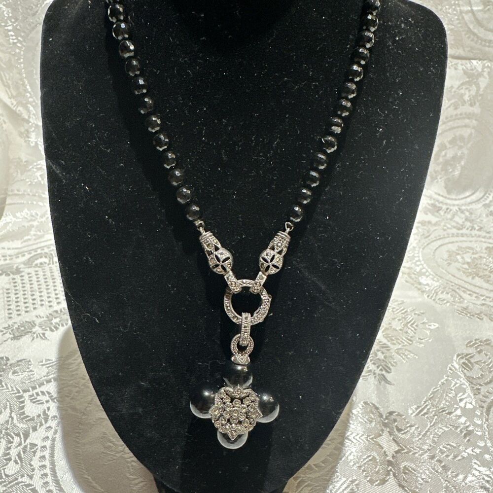 Vintage 925 Black Beaded Necklace With Pendent